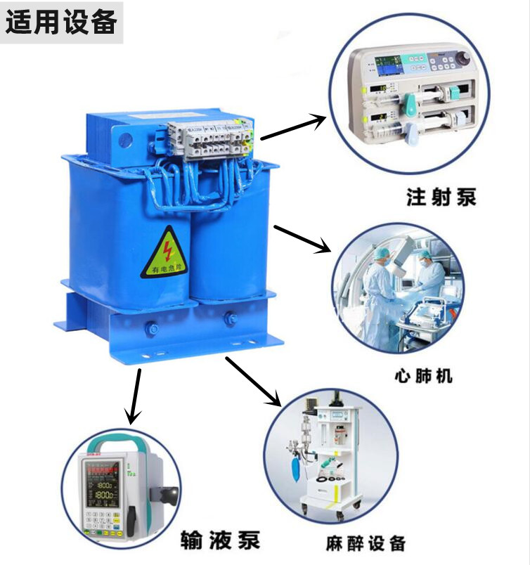 医用隔离变压器主要适用于注射泵，心脉机，麻醉设备、输液泵等医疗设备